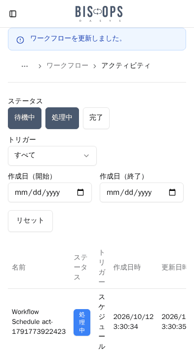 アクティビティ一覧画面。進行中の業務がステータス・トリガー・作成日とともに一覧表示されている様子。